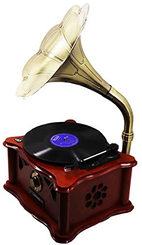 Nostalgic Vintage Vinyl Record Player with Brass Horn, Bluetooth, FM Radio, Stereo Speakers, USB, 3-Speed Turntable - Perfect for Old-School Music Lovers