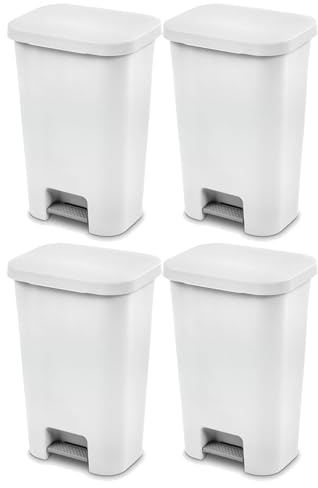 Sterilite Rectangular Step On Kitchen Wastebasket, 11.9 Gal, White, 4-Pack