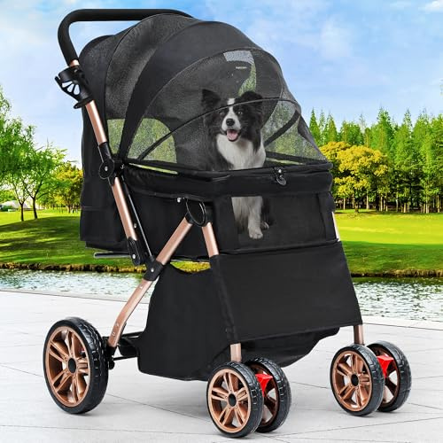 YITAHOME Passeggino pieghevole per cani di piccola taglia, con manico reversibile, con finestre in rete, portabicchieri, ruote girevoli a 360° in EVA con freni (nero)