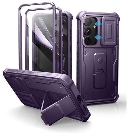 Dexnor pour Coque Samsung Galaxy S25 Plus【Double Cadre Avant et Support】 avec CaméRa Coulissante Intégrée & Protecteur d'écran, Coque de Protection Robuste Résistante Aux Chocs - Fantôme Violet