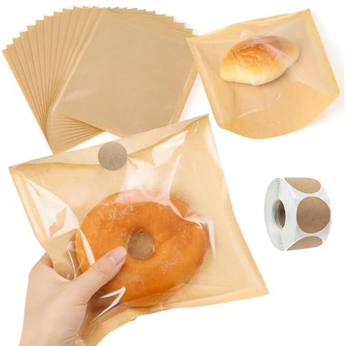 Hinapan Lot de 100 sacs de boulangerie thermocollables avec 500 autocollants transparents avec fenêtre - Papier kraft thermocollant - Pour biscuits, pain, sandwich (18 x 19 cm)