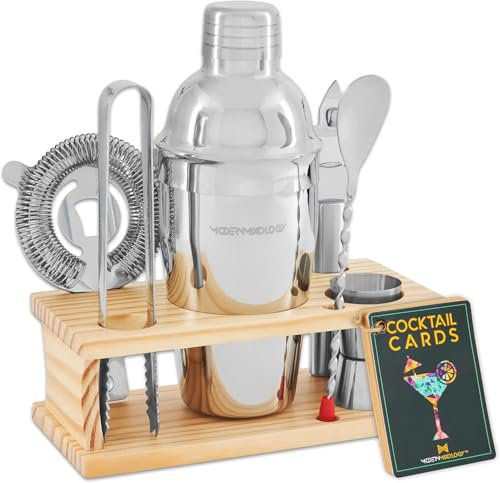 10-teiliges Premium Bartender Set mit Mahagoni-Holz & Edelstahl – Inkl. Cocktail Shaker, Barwerkzeuge & Aufbewahrungsbox | Perfekt für Home Bar, Party | Elegantes Geschenk (Silber)