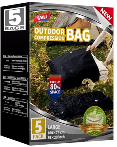 TAILI Vakuumbeutel für Outdoor Reisen, 5 Stück Extra Große, 100 x 74 cm | Wasserdicht, Verschleißfest, Durchstoßfest, Vakuumierbeutel für Reisen, Kleidung, Camping, Aufbewahrungsbeutel