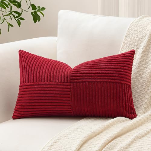Sungeek 1 Pezzi Federe Cuscini 40x60 in Morbido Velluto a Coste, Fodere per Cuscini Decorativi con Motivo a Strisce e Patchwork Croce Copricuscini Cuscino per Divano Letto Soggiorno, Rosso Scuro