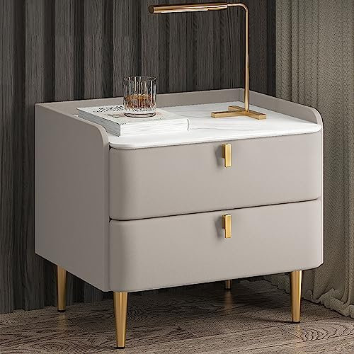 Bedside Table with Storage Solid Wood Bedside Table with 2 Drawers, Faux Marble Top for Bedroom Furniture (Light Grey, Size: 50cm)