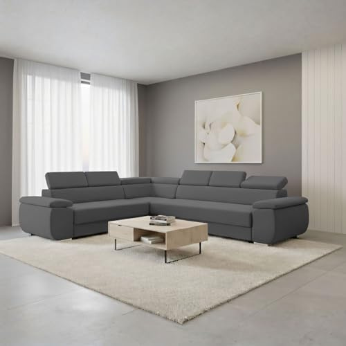 FORNIRO 24 eleganter Ecksofa 318x255cm Grau Wohnzimmer Couch Schlafsofa | Mit Schlaffunktion & Kissen - Stoff Premium | ausziehbar Gäste bequem Stauraum Design hochwertig Eckcouch Komfort robust