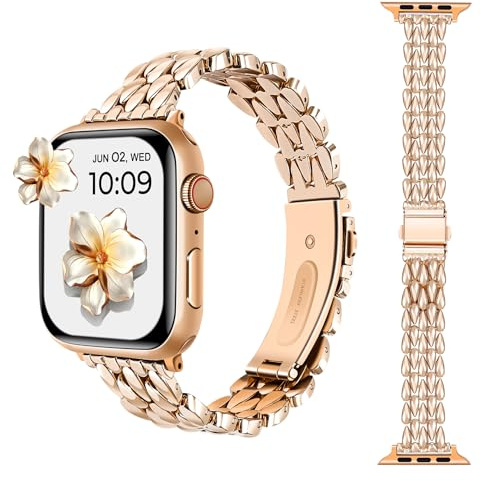Stainless Steel Straps for Apple Watch Strap 38mm 40mm 41mm 42mm, Slim Metal Chain Bands Bracelet Replacement for Women Wristband iWatch Series 11 10 9 8 7 6 5 4 3 2 1 SE3 SE2 SE, Rose Gold