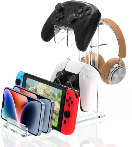 Kzlaonef Acryl Spielekonsole-Regal für PS5/Xbox/Switch | Schreibtisch Organizer mit Headset & Controller Halterung | Modernes Gaming-Zubehör Aufbewahrung
