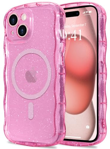 Pepmune Cover Glitter per iPhone 15 Plus Compatibile con Magsafe,Rosso Rosa | Cornice Ondulata Forma Custodia. Brillare Glitter Cover per Donne e Ragazze. Protettiva Sottile Antiurto Case.