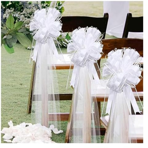 Waltonalice Fiocchi per sedia da matrimonio, con coda di tulle, lunghi fiocchi per sedia, in tulle, decorazioni per matrimoni, compleanni, feste, panche della chiesa, 4 pezzi, colore bianco