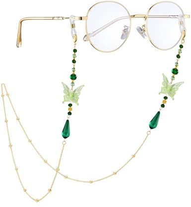 COSUCOS Butterfly Eyeglass Chain for Women - Stylish Green Elf Glasses Necklace with Green Beads, Adjustable Chain for Eyewear Retainer Strap Preventing Glasses Loss During