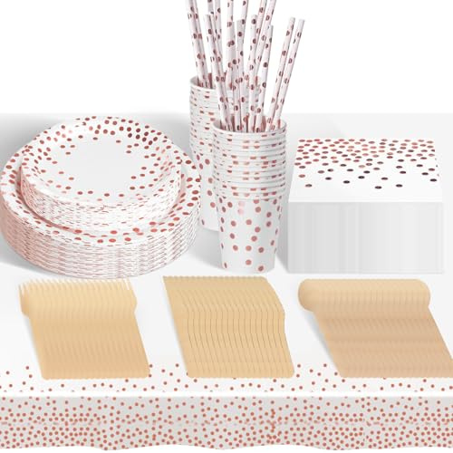 hailstones 226 Stück Weißes Roségold Pappteller Besteck Set, Einwegteller ​Papier Geschirr Set mit Gabeln, Messer, Löffel, Teller, Becher, 25 Gäste Partygeschirr Set für Geburtstag, Hochzeiten