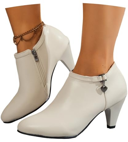 LDXEQIZ Botines De Tacón De Cuero De PU Botas Cortas Medievales Retro For Mujer Zapatos De Salón Tradicionales Ankle Boots Clásicos con Cremallera Lateral Zapatos De Tobillo Elegantes(White,39 EU)