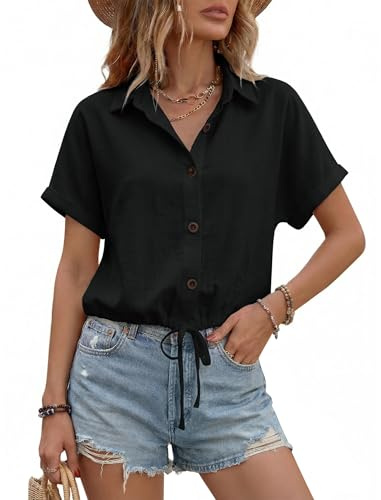 Enlision Camisa Lino Negra Mujer Manga Corta Verano Camisas Blusa Corta Verano de Botones Algodon Cuello en V con Cordón Anti-Arrugas Casual Shirt Mujer para Playa Vacaciones M
