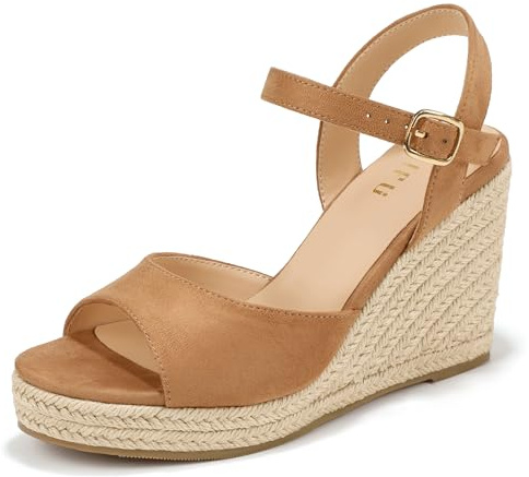 IDIFU Nude Khaki Tan Wedges Espadrilles Sandals for Women Platform Peep Open Toe Slingback Wedge Comfortable Summer Wedding Prom Work Beach Dress High Heel Wedges Sandals(Khaki Suede, 7)