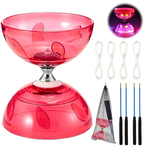 SKIKHN Juego de Diábolo, Juego de Malabares LED Diabolo, con 2 Pares de Palos de Mano + 4 Cuerdas de Repuesto, para Adultos, Principiantes Profesionales, Rojo