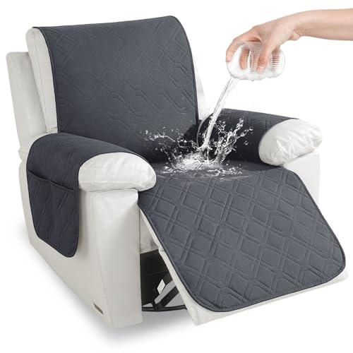 YSTELLAA Sesselschoner Wasserdichter 1 Sitzer, Sesselschoner Für Relaxsessel Mit Taschen, Sessel Bezug Anti-Rutsch Kratzfest, Sesselschoner Mit Armlehne, Für Kindern, Dunkelgrau | Sesselbezug, rutschfest, mit Seitentaschen, Bezug für elektrischen Relaxsessel, waschbar