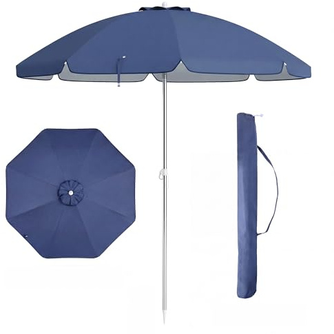 KOMFOTTEU Ombrellone da Spiaggia 200cm, Parasole da Giardino Protezione Solare UV50+, Pieghevole & Leggero, Ombrellone da Balcone con Borsa, per Patio, Campeggio, Piscina, Senza Base (Blu Navy)