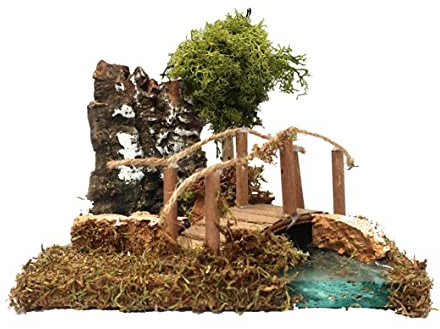 Ferrari & Arrighetti Flussbiegung mit Baum und Brücke für Krippe, Flussabschnitt für Modularen Fluss, Weihnachtslinie Bertoni Krippen, Holz, Mehrfarbig, 13 x 16 x 13 Zentimeter