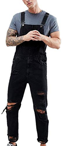 FANSU Herren Jeans Latzhose Overall, Arbeitshosen Lange Jeanshose Retro Denim Arbeitslatzhose Jumpsuit Destroyed Ripped Multifunktion Hose Arbeitskleidung (L,schwarz)