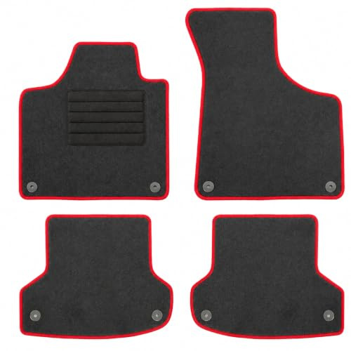 AD Tuning Fußmatten für Audi A3 8P / 8PA Sportback (05/2003-01/2013) | 4-teilig, 100 % passgenau, Textil, Schwarz, rote Randkettelung, mit Druckknopf Befestigung vorne und hinten