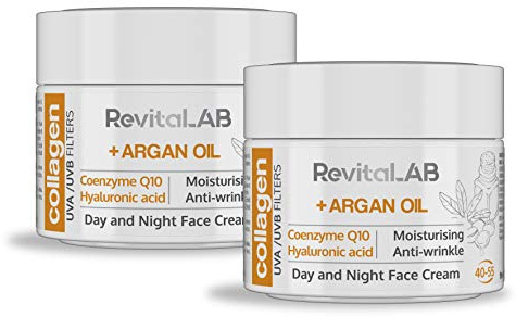 RevitaLAB Day and Night Collagen Anti-Aging Moisturizer, Enriched with Hyaluronic Acid, Q10, Argan Oil, and a UVA/UVB Filter for Ages 40 – 55, 50 ml (multipack)
