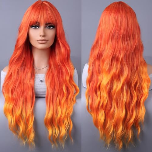 YEESHEDO Damen Perücke Lang Lockige Feuerorange Perücken für Frauen mit Pony, Natürlich Lange Locken Orange Wig, Anime Cosplay Halloween Wigs 28 Zoll (Orange)