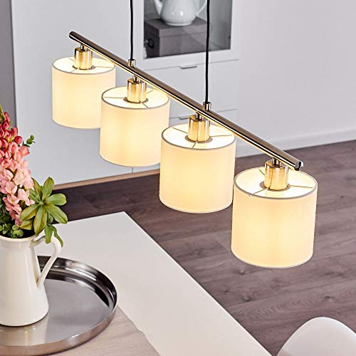 Pendelleuchte Alsen, 4-flammige Hängelampe aus Metall in Nickel matt, 4 x E14, Pendellampe mit Stoffschirm in weiß, Höhe max. 150 cm (verstellbar),ohne Leuchtmittel