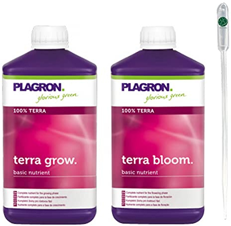 IVORYS-GARDEN Plagron Terra Grow + Terra Bloom je 1 L Wachstum und Blüte Dünger Set Fertilizer für Erde Substrat wie Grow Mix Light Mix Starter Pack Indoor Outdoor Tomaten Blumen Chili Pflanzen