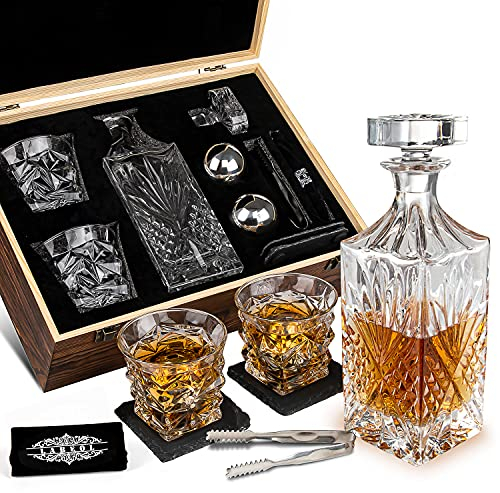 Whiskey Stones Whiskey Gift Sets for Men Whisky Glasses Set 2 Reusable Stainless Steel Whisky Ball 2 Crystal Whisky Glass 1 Whiskey Decanter 2 Slate Coasters Best Gifts for Men