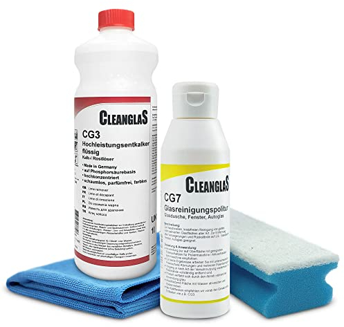 Reinigungsset für Bad & Duschkabinen Reinigung | 1L Kalkentferner Dusche Stark | Antikalk Reiniger für Urinstein | 250ml Glasreinigungspolitur für kratzfreie Glas-Politur | Bad Reiniger extra stark