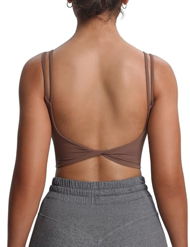 Aoxjox Dam träning sport BH fitness vadderad rygglös yoga magtröja snurrad rygg cami, Fudge kaffe, S