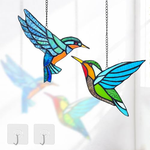2 Packs Hummingbird Stained Glass Window,Real Handmade Stained Glass Window Hanging,Hummingbird Ornament,Suncatchers Decor for Women Mom Grandma Bird Lovers