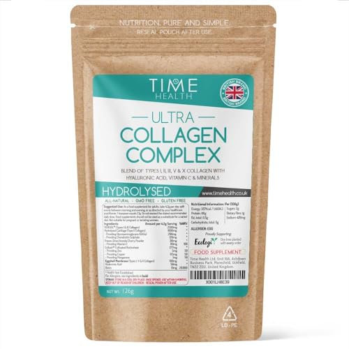 Ultra Collagen Complex - 126g Powder - Hydrolysed - Types I, II, III, V & X Collagen, Hyaluronic Acid, Vitamin C & Minerals - Made with VERISOL - Grass Fed - UK Made - GMP Standards