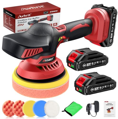 Avhrit Kit de polisseuse de voiture sans fil avec 2 batteries de 2000 mAh 21 V, kit de cire de 15,2 cm avec 6 vitesses variables et 10 accessoires supplémentaires, polisseuse pour détails de voiture