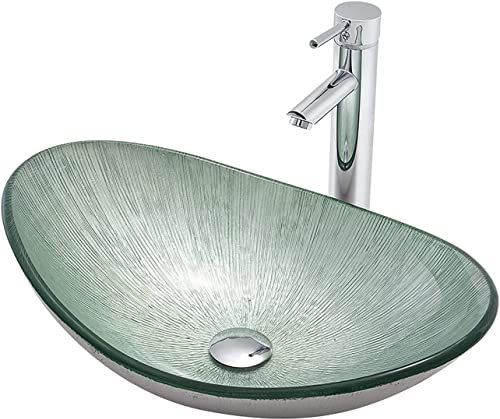 Vanity Countertop Washbasin Bathroom Countertop Sink Bowl ，Tempered Glass Oval Basin Rock Bowl Hand Face Wash Sink with Drain Combo and Mounting Ring， Gold (Color : Green, Size : with Tap)