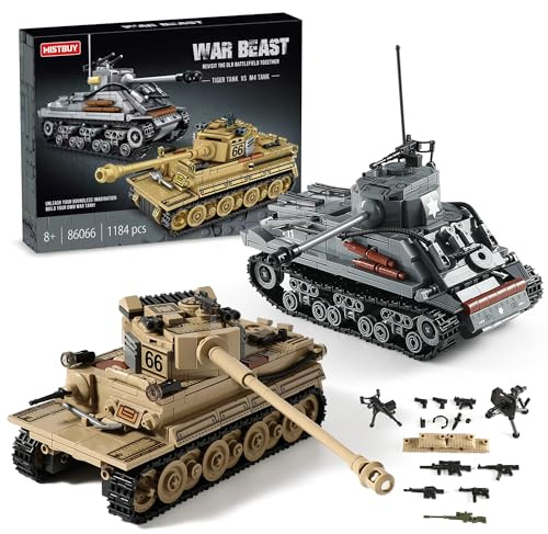 WW2 Army Tank Toys Building Kit Compatible with Lego, Create a German Tiger & an American M4 Sherman Models with 1184 Blocks, Great Military Toy Gifts for Boys, Kids Age 8-14