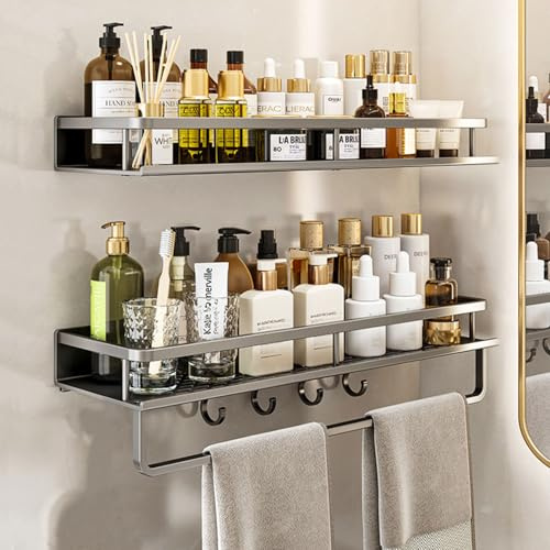 devesanter Duschablage ohne Bohren 2 Stück 40cm rostfreie Organizer Badezimmer Regal,Dusch-Shampoo-Regal mit Handtuchhalter und 4 Haken für Schlafzimmer Wohnzimmer und Küche Badezimmer Organizer(grau)