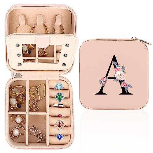 WALLFID Travel Jewellery Box,Alphabet Jewellery Organiser,Portable Jewellery Box,Small Travel Jewellery Storage Case with Mirror,Birthday Gift for Women,Mothers Birthday Valentines Day Gift Ideal (A)
