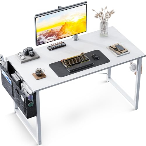 ODK 100×48 cm Desk, Small Computer Desk for Home Office, Study Office Table with Headphone Hooks for Small Space, Easy Assembly, White