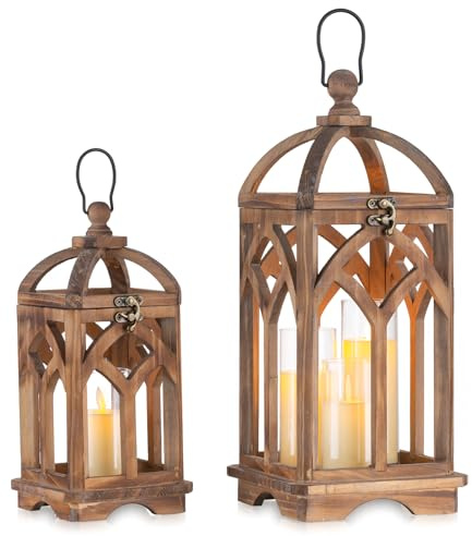 Romadedi Farmhouse Candle Lantern Wooden - 12 / 16 Set of 2 Decorative Rustic Wood Candle Holder Home Decor Decoration Wedding Table Centerpiece, Brown