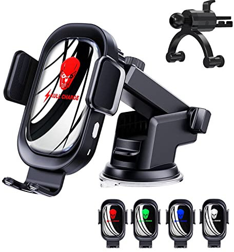Wireless Car Charger, Qi 15W Fast Charging, Car Phone Holder Mount, Vent Dashboard Car Mount, Long Arm Hands Free Cell Phone Holder [Skull Atmosphere Light] (Green_Light)