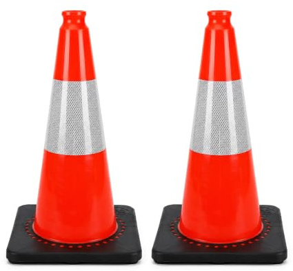 50CM Traffic Cone - Orange | PVC Road Safety Cone with Weighted Base | High Visibility Reflective Street Cone | Portable Wind-Resistant Traffic Cone with Black Base - 2 Cones