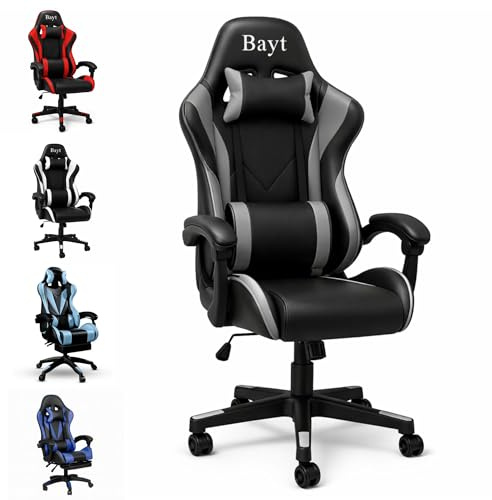 Bayt Silla de Escritorio & Silla Gaming Ergonómica - Gaming Chair para Oficina, Sillón Gamer Reclinable, Diseño Deportivo en Cuero Sintético, Negro y Gris