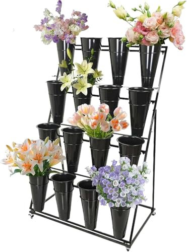 MIDUOLAI Dekorativer BlumenstäNder, Mit Eimern FüR Schnittblumen, Robuster Rollender PflanzenstäNder Auf RäDern, Blumenwagen FüR Drinnen Leiterregal, FüR Floristen, Garten,Schwarz,4 Tier 16 Bucket