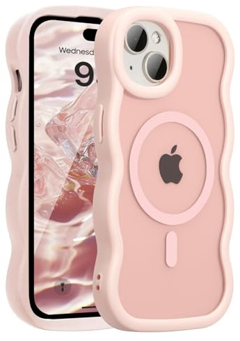 UEEBAI Magnetiskt skal för iPhone 15, sött skal kompatibelt med MagSafe, 2025, klar design, vågig ram, matt telefonskal, rosa