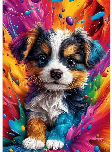 KEYIFA 5D Diamond Painting Zubehör Bunter Hund, Crystal Art Foto Bastelset Diamond Painting Erwachsene, DIY Vollbohrer Bilder Diamond Painting Set, Home Wand Dekor 30x40cm