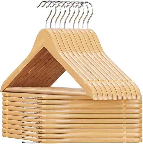 SHOPNIX Pack of 20 Space Saver Premium Quality Wooden Coat Hangers Made with Natural Wood and Non-Slip Trouser Coat Jacket Hangers Pants Bar - Strong Shoulder Notches - Extra Strong and Smooth Finish