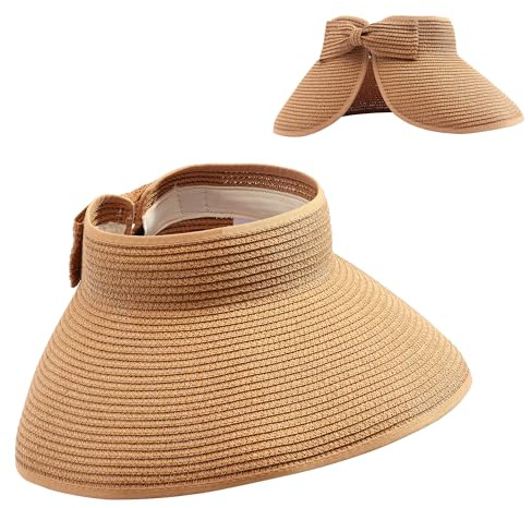 JJDreams Damen Faltbare Sommerhut Strohhut mit Klettverschluss Visor Cap Schildkappe Baseball Kappe Sonnenschild mit großer Breiter Krempe für Tennis Khaki
