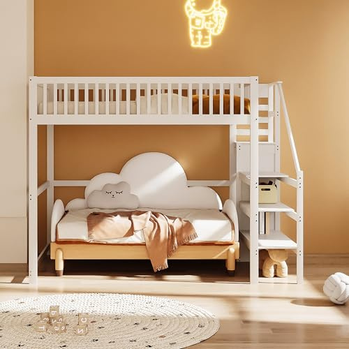 boorbin Hochbett 140x200 mit Treppe, weißes Kinderbett aus Holz mit Aufbewahrungsregal, einfacher Kleiderschrank (Weiß, 140x200 cm)